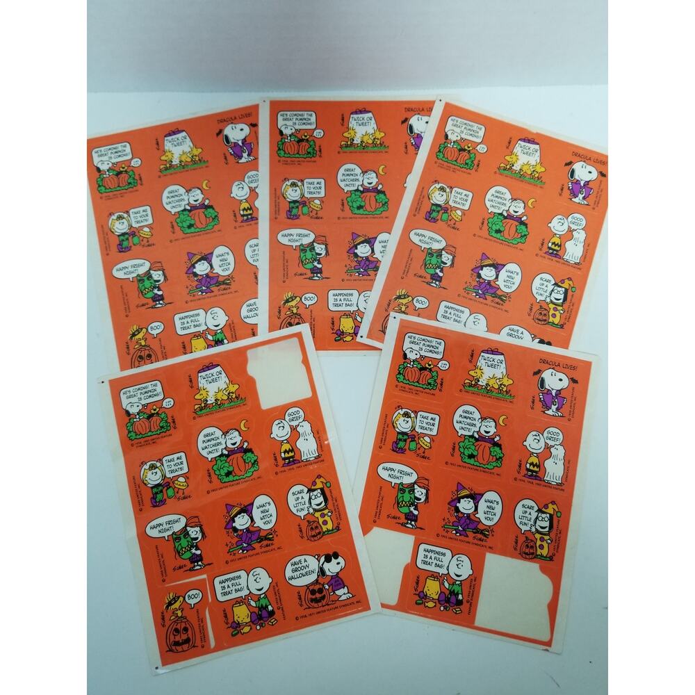5 Sheets Snoopy Peanuts Lucy Charlie Brown VINTAGE 80's HALLOWEEN Stickers